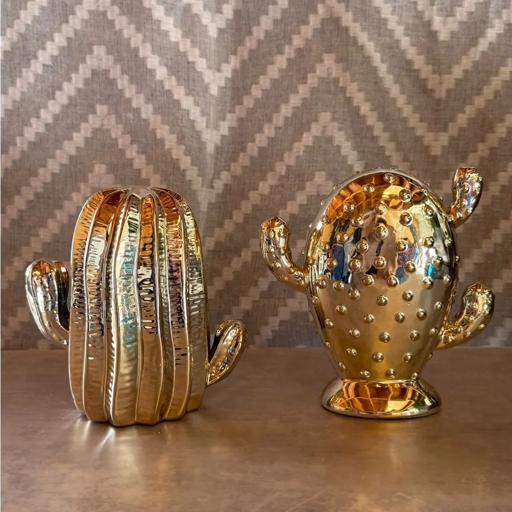 Gold Ceramic Cactus Accent Sculptures - Decorative Home Accents